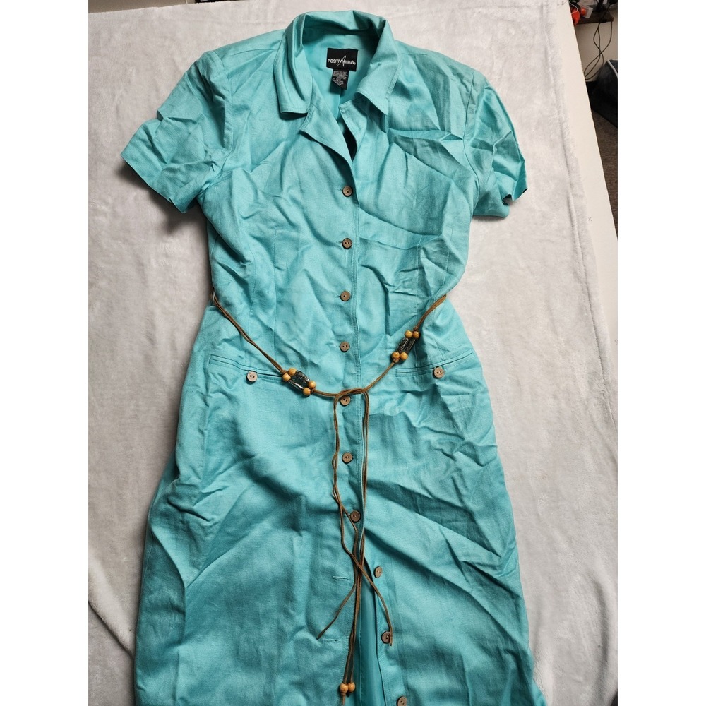 Positive Attitude Teal Blue Linen Midi Dress Short Sleeve Pockets Size 12 Vtg